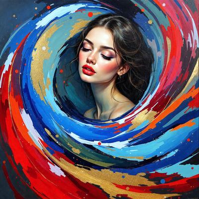 The primary subject of the image is a woman with long hair, who is the main focus of the scene. She is wearing a gold necklace and has a red lipstick on her lips. The setting is a colorful, swirling background that adds a vibrant and lively atmosphere to the scene. The visual style of the image is a combination of digital art and illustration, creating a unique and eye-catching representation of the woman. The dominant colors in the image are red, gold, and blue, which